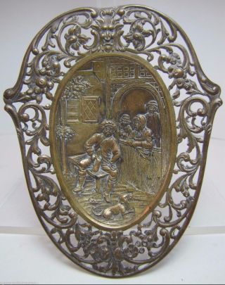 Antique Pin Trinket Tray Evil Mans Head Pub Tavern Scene Bronze Brass Ornate