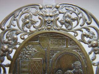 Antique Pin Trinket Tray Evil Mans Head Pub Tavern Scene Bronze Brass Ornate 2