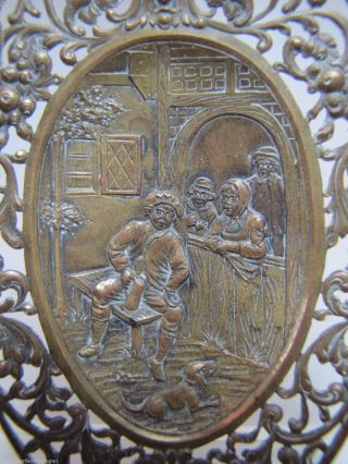 Antique Pin Trinket Tray Evil Mans Head Pub Tavern Scene Bronze Brass Ornate 4