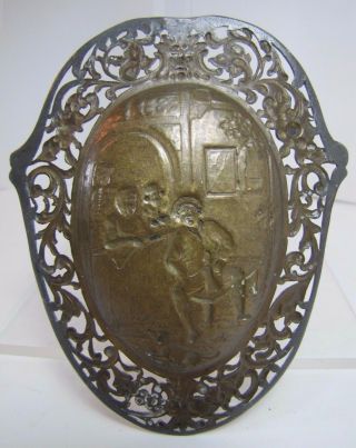 Antique Pin Trinket Tray Evil Mans Head Pub Tavern Scene Bronze Brass Ornate 9