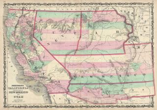 1860 Johnson Map Of California,  Nevada,  Utah,  Mexico And Arizona