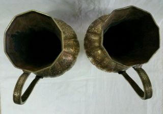 ANTIQUE STYLE MATCHING PAIR ISLAMIC BRASS WATER PITCHERS INLAY SILVER AND COPPER 6