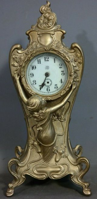 Antique Art Nouveau Figural Lady & Flowers Statue Old Jennings Bros Clock Case