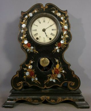 19thc Antique Victorian Era Mop Inlay Old Gilt Flower Papier Mache Mantel Clock