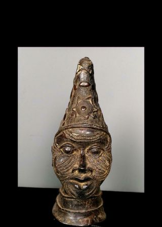 Old Tribal Large Benin Bronze Head Of King Figure - Nigeria Bn 28