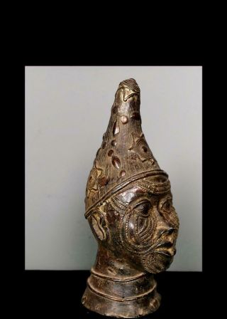 Old Tribal Large Benin Bronze Head of King Figure - Nigeria BN 28 2