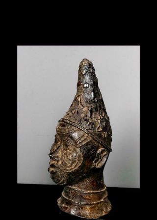 Old Tribal Large Benin Bronze Head of King Figure - Nigeria BN 28 3
