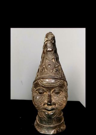 Old Tribal Large Benin Bronze Head of King Figure - Nigeria BN 28 6
