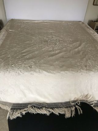 Antique White Chinese Silk Bedspread - Hand Embroidery Florals & Butterfly
