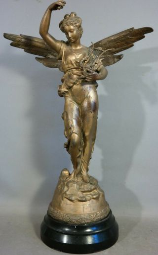 Lg 19thc Antique Victorian Era Winged Lady Musician Goddess Statue Old Sculpture