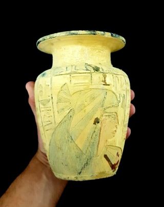 Very Rare Ancient Egyptian Isis Figurine Vessel Stone Faience W/T Heroghliphics 8