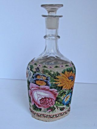 Antique Clear Glass Decanter With Finely Beaded Floral Cover Unusual