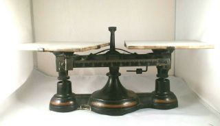 Antique Vintage Cast Iron Brass Porcelain Marble Platform Balance Scale grams 2