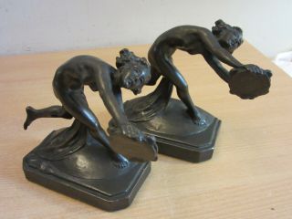 Pair Antique Art Deco Nude Woman W/ Disc Figural Bookends Galvano Bronze P.  Mori