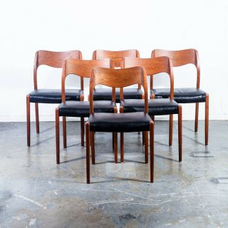 Mid Century Danish Modern Dining Chairs Set 6 Niels Otto Moller 71 Black Leather