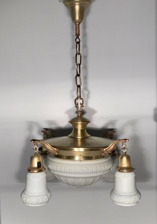 Large Early electric art nouveau raw yellow brass five light chandelier Rewired 2