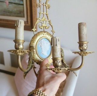 Antique French Empire Pair Louis Gold Large Cameo Wedgwood Sconces Chandelier