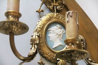 Antique French Empire PAIR Louis Gold Large Cameo Wedgwood Sconces Chandelier 2