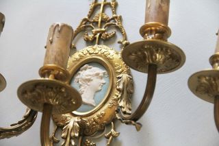 Antique French Empire PAIR Louis Gold Large Cameo Wedgwood Sconces Chandelier 3