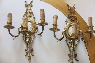 Antique French Empire PAIR Louis Gold Large Cameo Wedgwood Sconces Chandelier 4