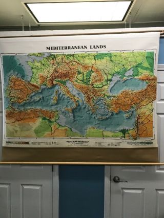 Vintage Rare Wenschow Wall School Map Mediterranean Lands Printed In W Germ 1967