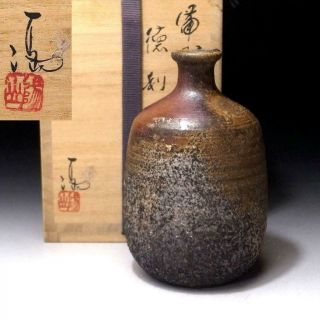 Bd8 Japanese Sake Bottle,  Bizen Ware By Human Cultural Treasure,  Mitsuru Isezaki