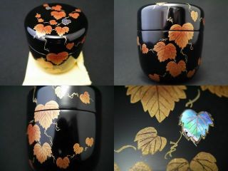 Japanese Traditional Lacquer Wooden Tea Caddy Ivy Makie Chu - Natsume (607)