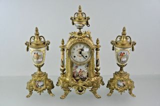French Porcelain Victorian Scene Clock Set Candelabras Urns Fhs Movement