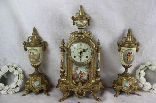 French Porcelain victorian scene Clock set candelabras urns FHS movement 2
