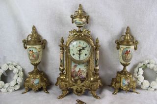 French Porcelain victorian scene Clock set candelabras urns FHS movement 3
