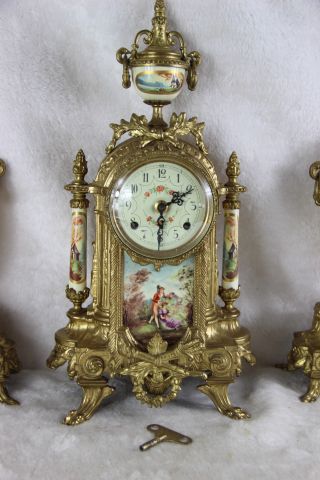 French Porcelain victorian scene Clock set candelabras urns FHS movement 5