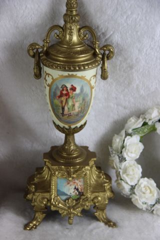 French Porcelain victorian scene Clock set candelabras urns FHS movement 8