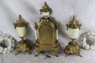 French Porcelain victorian scene Clock set candelabras urns FHS movement 9