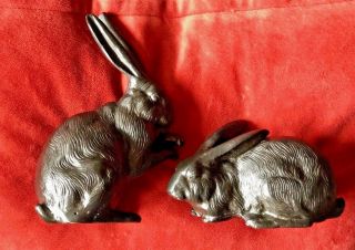 Japanese Rabbit Meiji Okimono Sculpture Pair Bronze Cast Iron Etched Detail 6 "