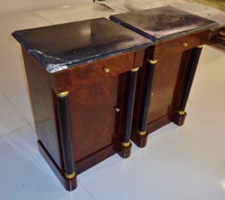 Pair Biedermeier Dark Walnut Commodes Black Marble Top