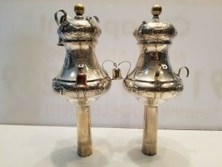 . A Antique Silver Torah Finials.  Germany,  C.  1880.  On Long Staves With