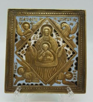 Russia Orthodox Bronze Icon The Virgin Of Sign With 4 Evangelists.  Enameled