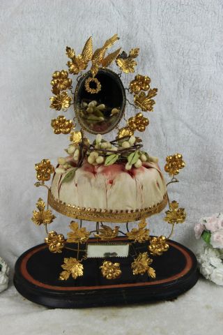 Antique Victorian Bridal Wedding Dome Globe Bird Wax Mirror