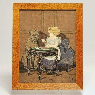 German Stumpwork Illustration Embroidery,  Girl With Large Dog,  1800 