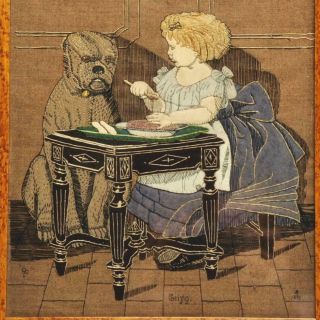 GERMAN STUMPWORK ILLUSTRATION EMBROIDERY,  GIRL WITH LARGE DOG,  1800 ' s,  SIGNED 2
