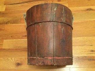 Antique Old Primitive Country Farm Wooden Wood Red Chippy Paint Bucket