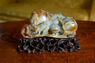 Large Antique Chinese Carved Russet Jade Figural Group Of Peaches Hongmu Stand