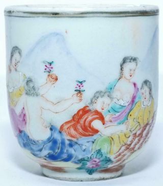 Chinese 18th C Erotic Famille Rose Coffee Cup With Nude Woman & Bare Breasts