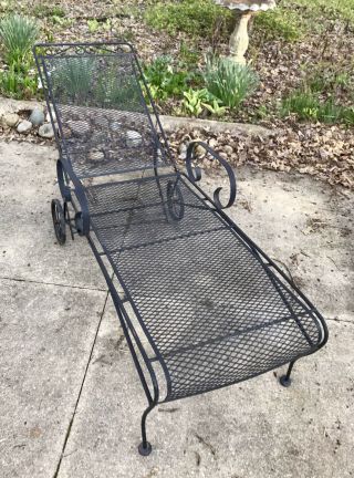 Vtg 76 " Black - Scroll - Wrought Iron - Mesh Chaise Lounge - Patio Chair - Adjustable - Heavy