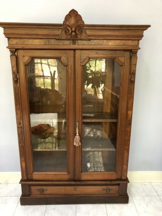 Antique Bookcase With Glass Doors Solid Wood