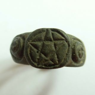 Ancient Artifact Medieval Bronze Ring Seal With Pentagram
