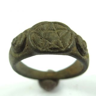 ANCIENT ARTIFACT MEDIEVAL BRONZE RING SEAL WITH PENTAGRAM 3