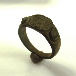 ANCIENT ARTIFACT MEDIEVAL BRONZE RING SEAL WITH PENTAGRAM 4