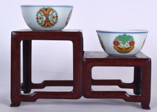 Pair Chinese Porcelain Tea Bowl Chinese Doucai Chenghua Mk Hardwood Stand China