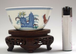 Chinese Porcelain Tea Bowl Chinese Doucai Chenghua Mk Hardwood Stand Qing China